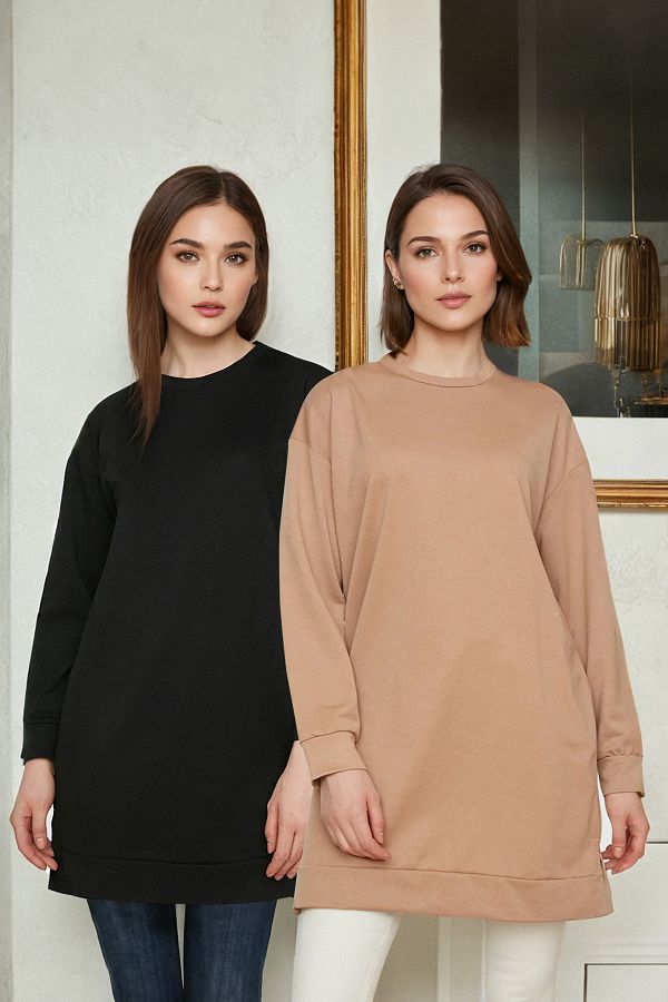 Trendyol Modest-Schwarz-Hellbraunes 2er-Pack Basic-Strick-Sweatshirt mit Rundhalsausschnitt TCTAW22TW0152 1