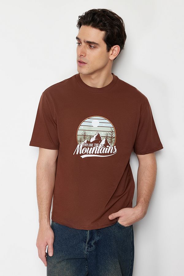 Trendyol Collection-Scenery Printed Brown Oversize Cotton T-Shirt - Tmnss23Ts00206 1
