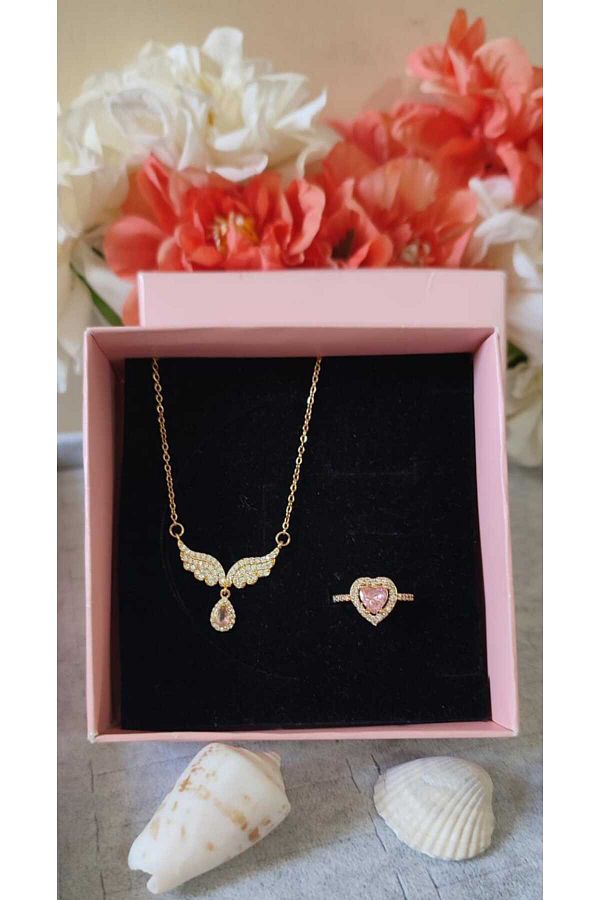 HKN AVM ACCESSOR ES Pink Stone Angel Wings Steel Ring Necklace Set M Trendyol