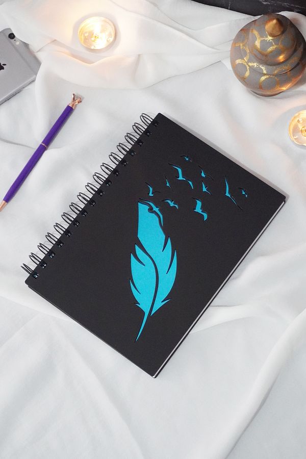 markcat-Bird Feather Design Black Wooden Cover Notebook - Unlined Notebook - Diary - Agenda - A5 Notebook 1