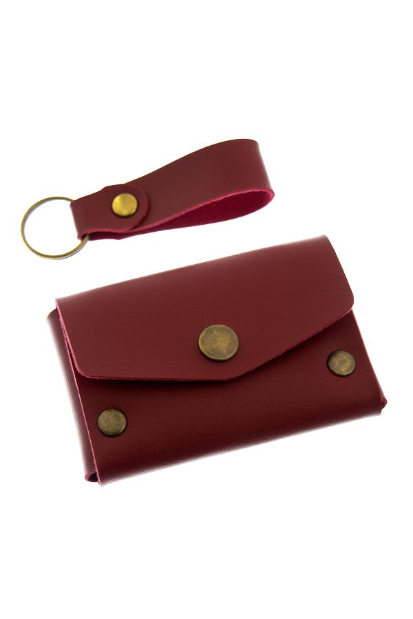 miawiki-Burgundy Color Leather Wallet and Keychain Set, High Quality Accessory 1