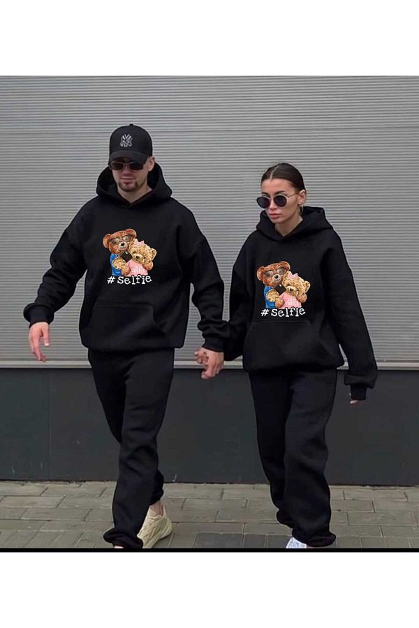 PERISENSE-Set de trening, unisex, femei, bărbați, ursuleț de pluș, cu imprimeu selfie, cu glugă, combinație de cuplu de iubiți, 2 piese, de jos-sus 1