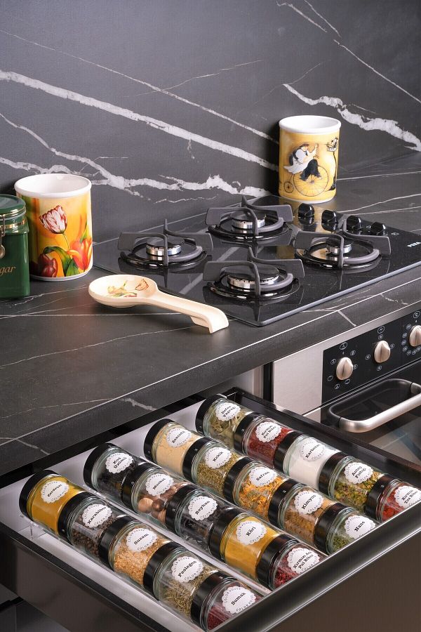 color house Glass Jar Spice Rack 255 Cc ROUND 16 Pieces with Black Metal Lids EXCLUDING STANDS Trendyol