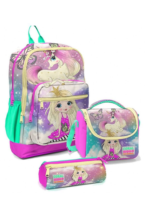 Coral High-Set de genți pentru școala primară pentru fete cu model unicorn verde apă 1