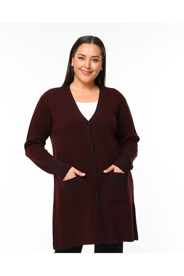 Laden Plus Size Women s Medium Thick Special Knitwear Glittery Long Soft Mother Claret Red Cardigan Trendyol