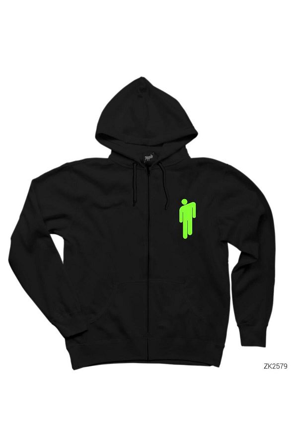 Z zepplin Billie Eilish Logo Green Black Zip Hooded Sweatshirt Trendyol