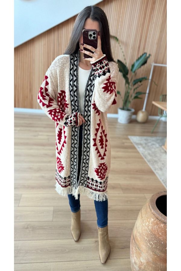 Lavanta Tekstil Ethnic Pattern Tassel Detailed Ecru Cardigan Trendyol