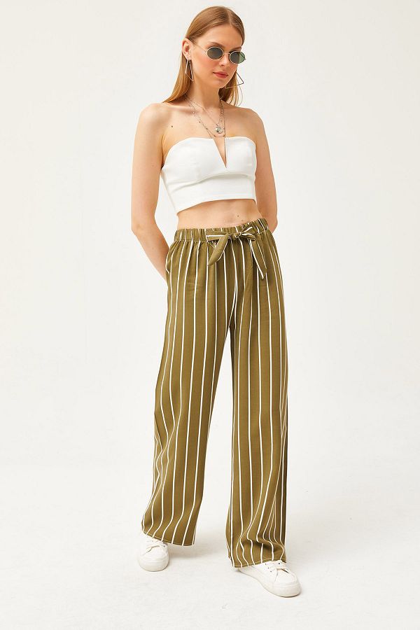 Olalook-Women's Striped Khaki Patterned Woven Viscose Palazzo Trousers PNT-19000264 1