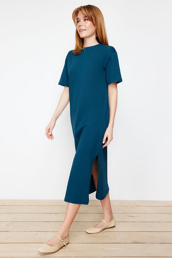 Trendyol Collection Petrol Plain T shirt Dress 100 Cotton Slit Detail Shift Comfortable Cut Midi TWOSS24EL00140 Trendyol