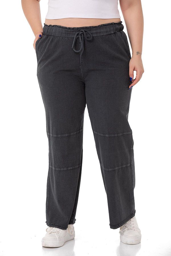 DISENTIS MODEST-Large Size Black Trousers with Tassels and Sequins Detail and Pockets 1