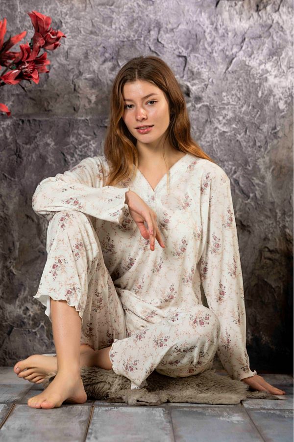 Meba Women s Long Sleeve Cream Floral Combed Cotton Pajamas Set P701 2 Trendyol