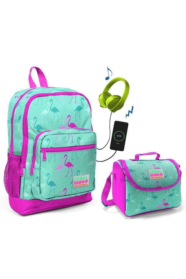 Coral High-Set ghiozdan și cutie de prânz Green Flamingo - Fată - Cu Priză USB 1