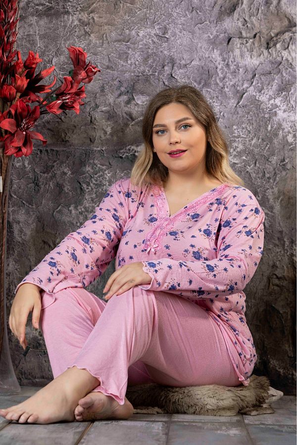 Meba Women s Pink Flower Pattern Long Sleeve Large Size Combed Cotton Pajama Set P902 16 Trendyol