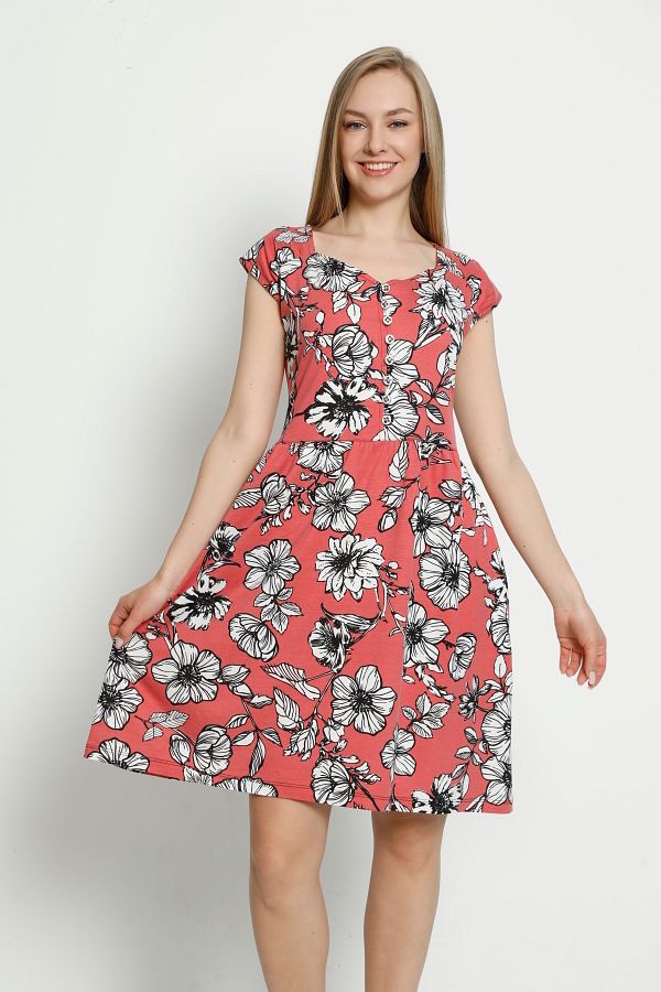 İntensive-Women's Short Sleeve Patterned Buttoned Pocket Combed Cotton Modal Cotton Dress 1