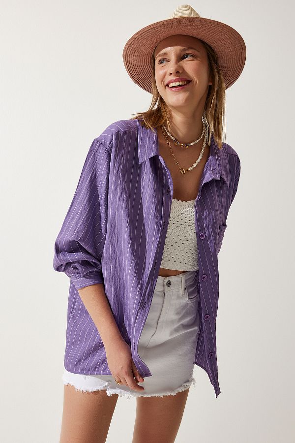 Happiness İstanbul-Women's Purple Striped Pocket Viscose Shirt DE00030 1