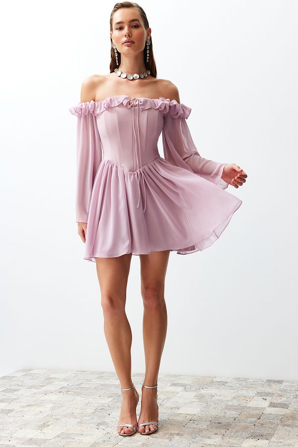 Trendyol Collection-Βραδινό κοντό βραδινό φόρεμα αποφοίτησης με φόδρα σε γραμμή Α με υφαντό σιφόν με υφαντό σιφόν TPRSS23EL00096 1