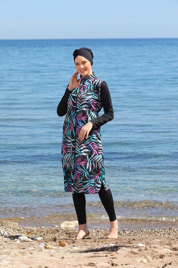 SEBOTEKS Digital Printed Long Gilet Model Closed Hijab Swimsuit