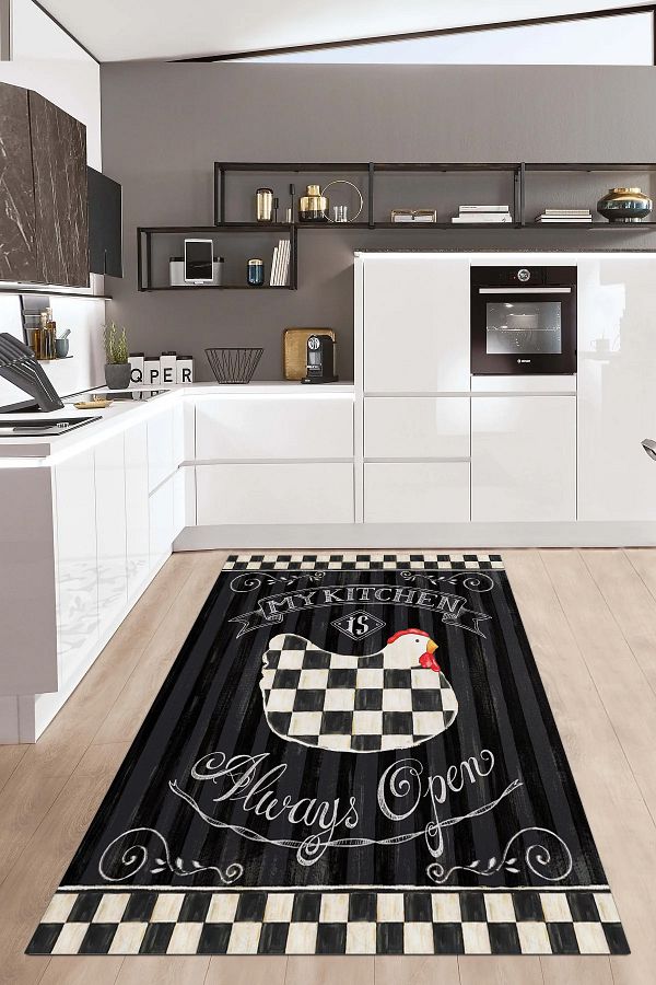 Vagonik-Checkered Chicken Patterned Digital Printed Carpet Non-Slip Based Washable Carpet 1