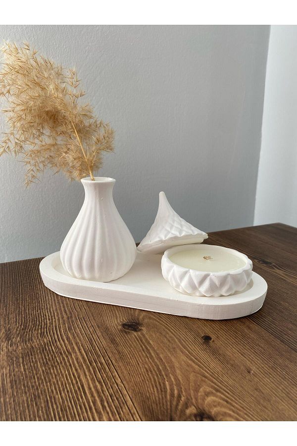 OBLİVİON-Minimalist White Vase and Candle Set with Lid - Flat Stand (Handmade) 1
