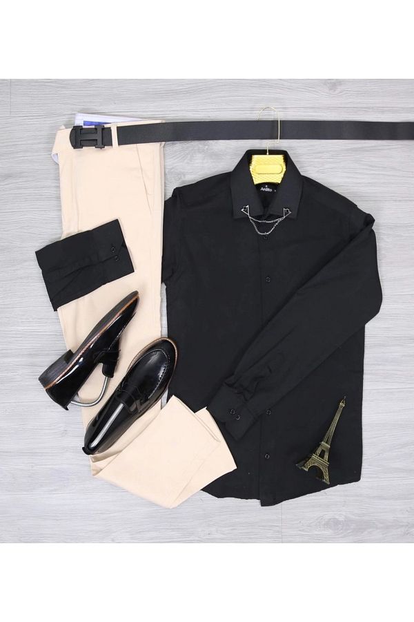 STYLES SHOP Black Shirt Beige Trousers Combination Trendyol