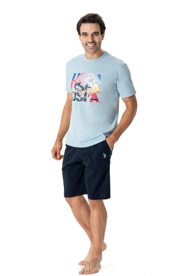 U.S. Polo Assn. US Polo Assn18779 Men s Round Neck Short Sleeve Shorts Pajamas Set Blue Trendyol