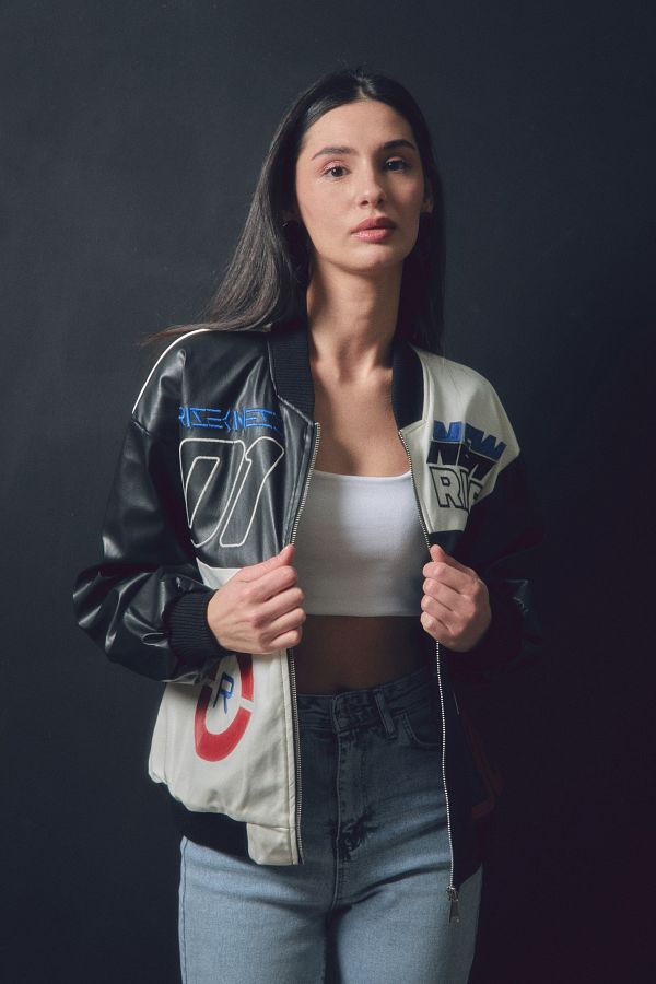 Embroidered faux leather jacket online