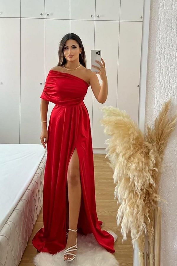 Deafox Rotes Kleid aus Satinstoff mit speziellem Design - Trendyol