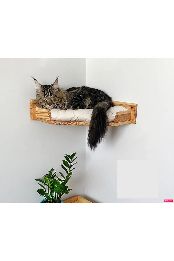 torbreck Wooden Wall Mounted Cat Bed Soft Cushioned Cat Platform Puppy Dog Bed natural Handmade Trendyol