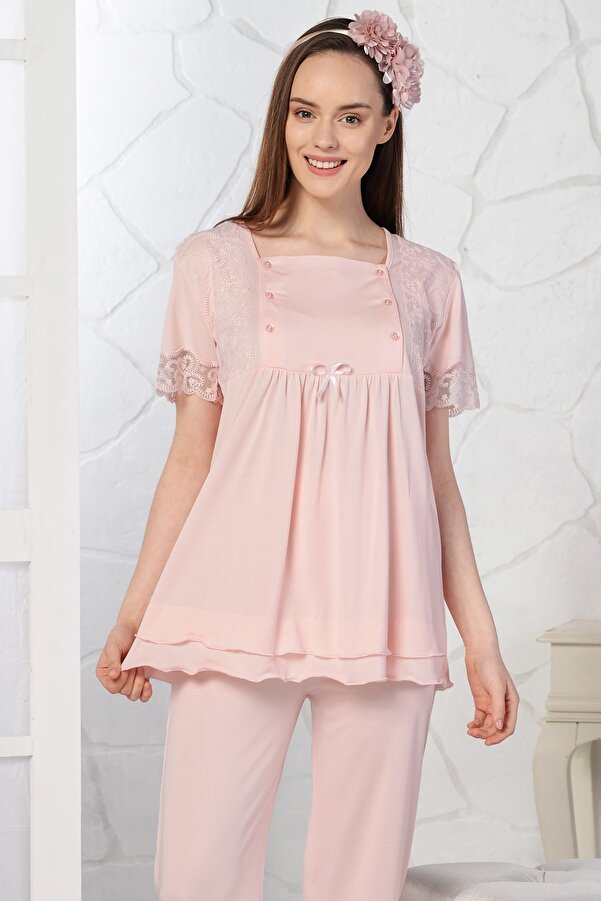 Emose Dantelli Lohusa Pijama Takım Pudra