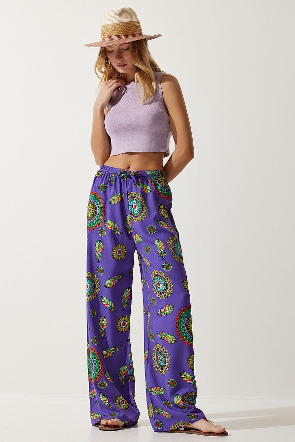 Happiness İstanbul-Lila gemusterte Palazzo-Hose aus fließender Viskose für Damen EN00606 1
