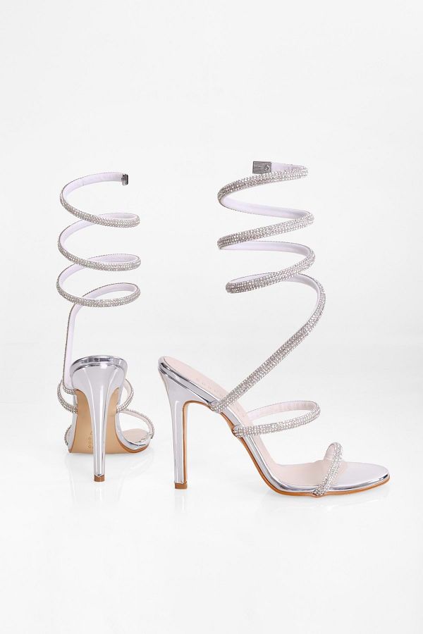 Shoeberry Women s Glow Silver Mirrored Ankle Wrap Heeled Shoes Trendyol