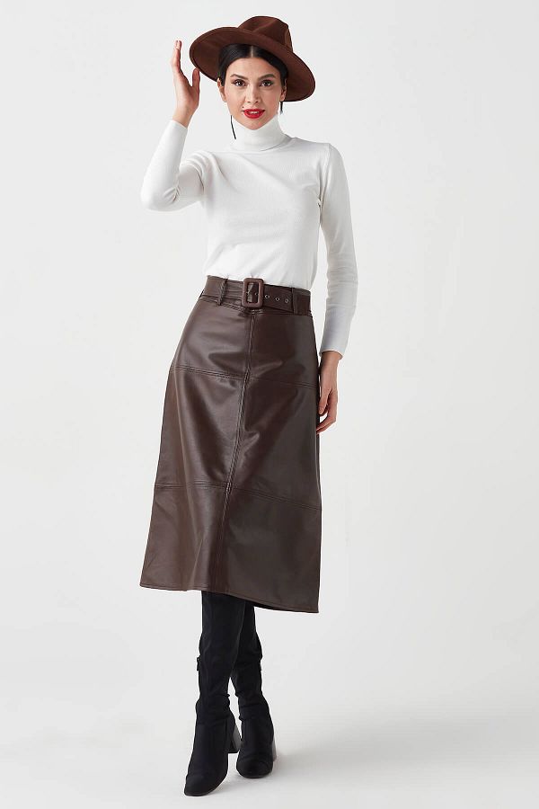 Deriza Midi Genuine Leather Skirt Brown Trendyol