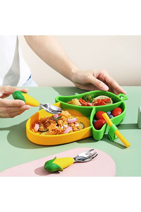 Baby Lock Silikon Beslenme Seti Vakumlu Mama Tabağı ve Silikon Saplı Çelik Uçlu Mama Kaşığı - Mısır Figürlü