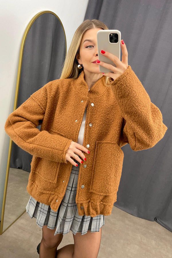 Sue Store Tan Judge Collar Lined Pocketed Boucle Coat Trendyol