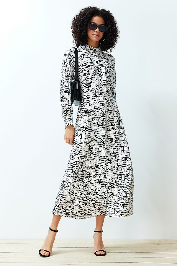 Trendyol Modest-Košilové šaty s geometrickým vzorem Ecru TCTSS24EB00072 1