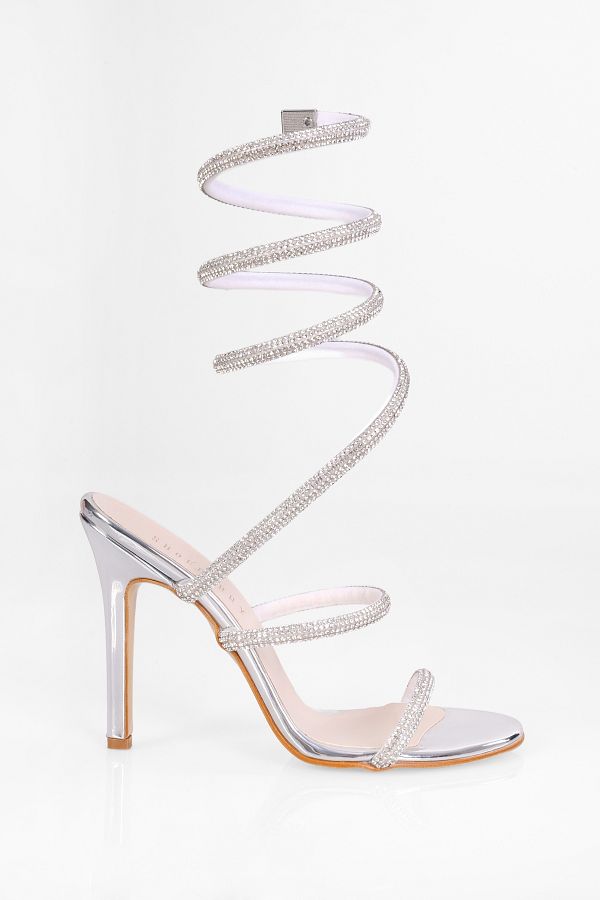 Shoeberry Women s Glow Silver Mirrored Ankle Wrap Heeled Shoes Trendyol
