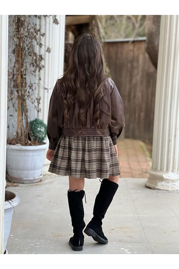 DUDOR K DS GIRL S BROWN LEATHER JACKET PLAID SKIRT AND BODY TRIPLE SET Trendyol