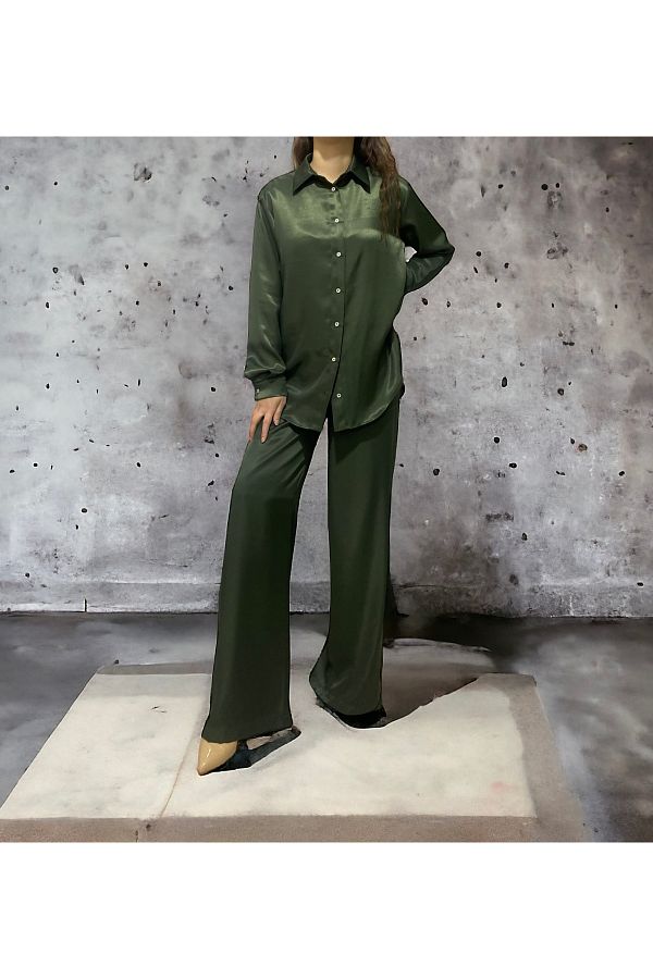 İrem Tekstil-Women's Green Satin Shirt Pants Set 1