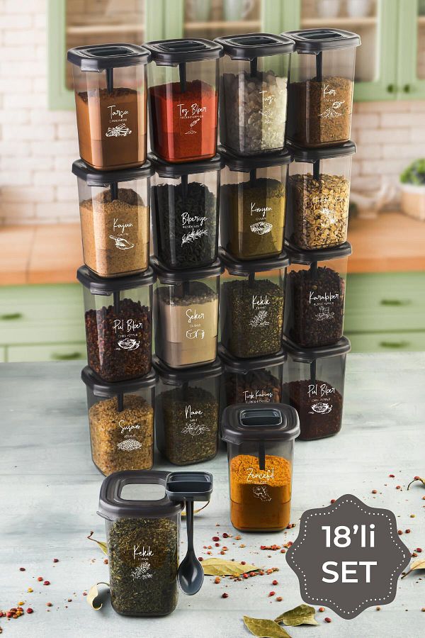 MAGEV PLASTİK-18 Pieces Luna Spice Rack Storage Container with White Screen Printing Label and Self Spoon 1