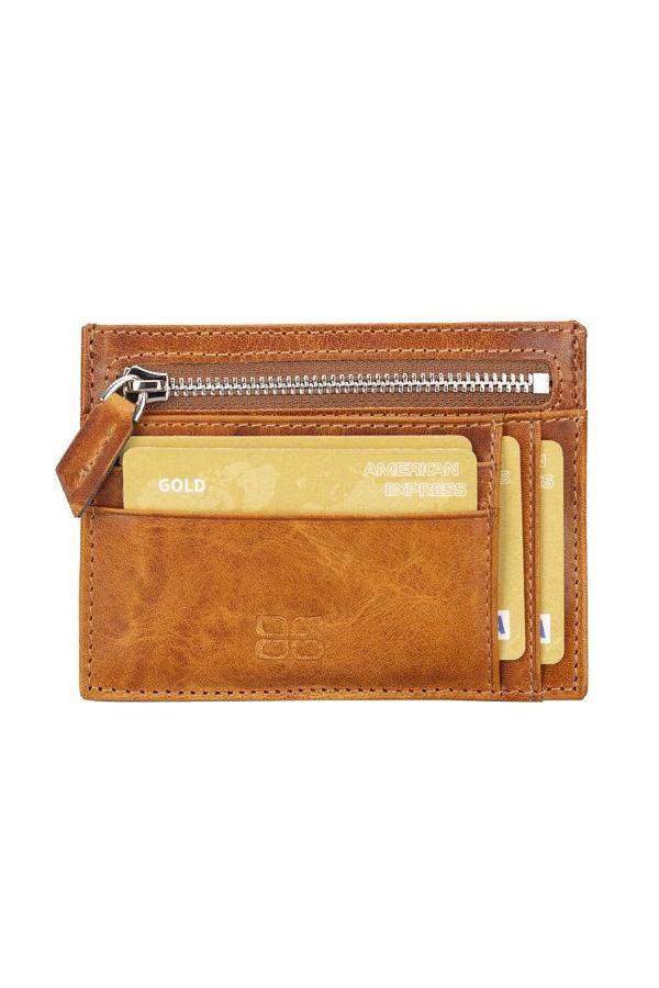 Bouletta-Zippered Leather Card Holder - Shiny Tan 1