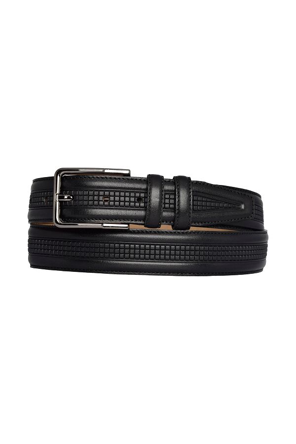 GoDeri-100% Genuine Leather, Black Stitched Classic, Fabric Trouser Belt 3.5 Cm_Dikisli.MIDDLE.BAS 1