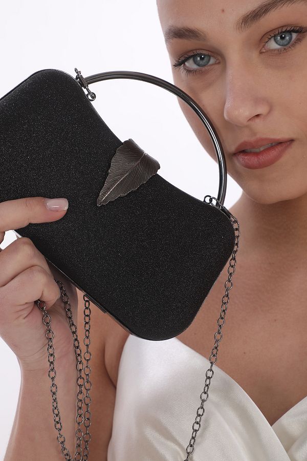 womenacs Black Color Silvery Material Hand held and Strap Evening Dress Portfolio Clutch Evening Bag with Leaf Accessories Trendyol