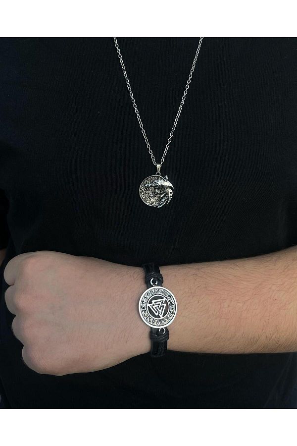 BSN Store-2-Piece Combination Viking Norse Dragon Figure Necklace and Valknut Figured Genuine Leather Bracelet 1