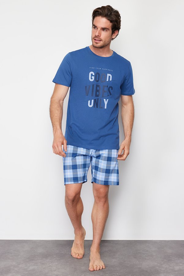 Trendyol Collection Indigo Plaid Regular Fit Knitted Shorts Pajamas Set TMNSS24PT00026