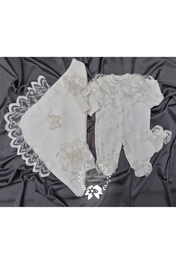 Şeker Tadında Tasarımlar Güpür Ve Inci Detaylı Kız Bebek Tulum Seti Ve Battaniye ,mevlüt Takımı