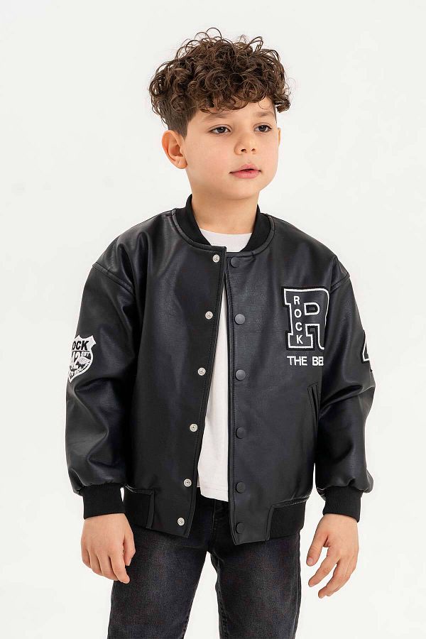 Gold Class Kidswear-Jachetă din piele pentru băiat, cu nervuri, brodate Rock 1