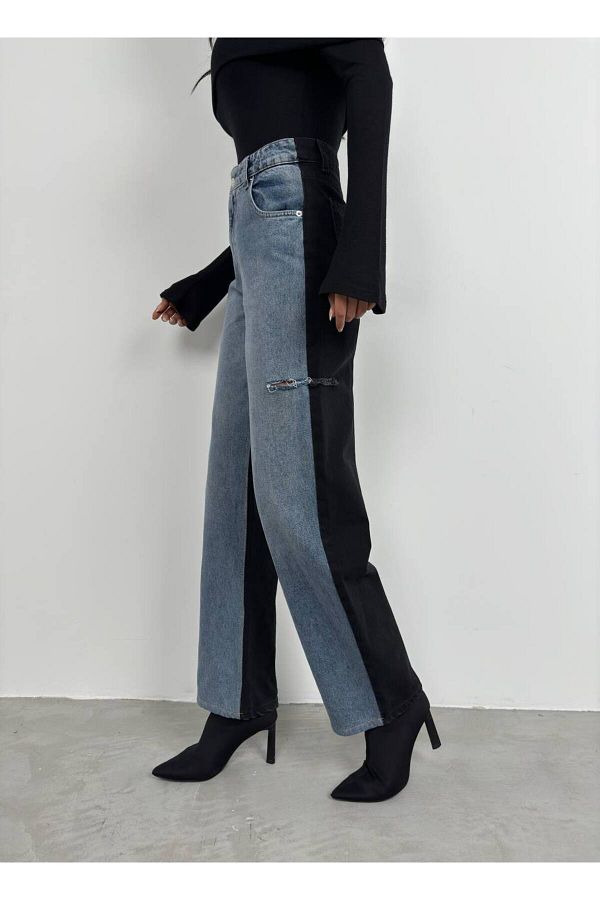 Dimalis Women s Laser Cut Double Color Denim Trousers Trendyol