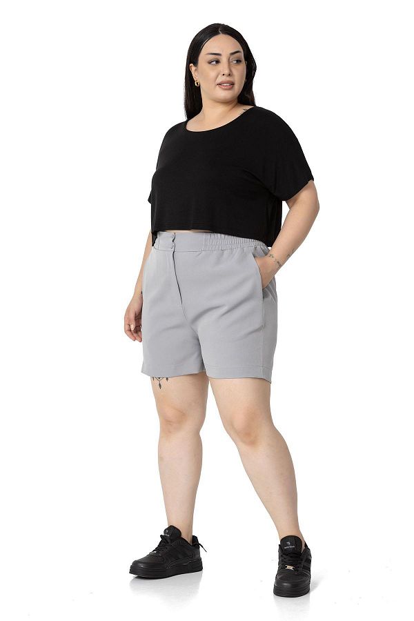 DISENTIS MODEST-Large Size Gray Shorts with Elastic Waist and Back Pockets 1