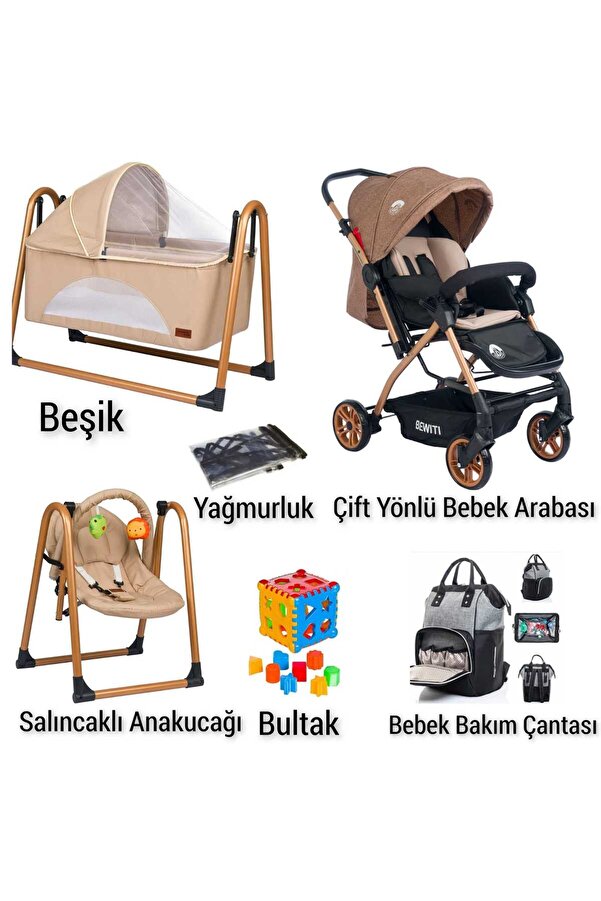 4KİDS Bebek Çeyiz Seti 6 Parça Çift Yön Bebek Arabası Beşik Ana kucağı Çanta Yağmurluk Bebek Seti