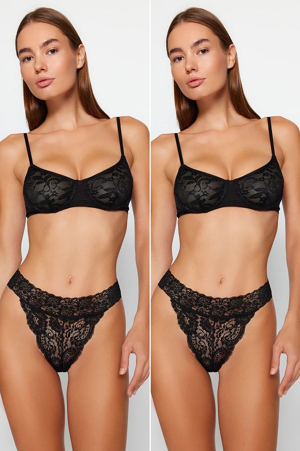 Trendyol Collection-Schwarzes 2-teiliges Spitzen-Tanga-Strickhöschen THMAW23KU00027 1
